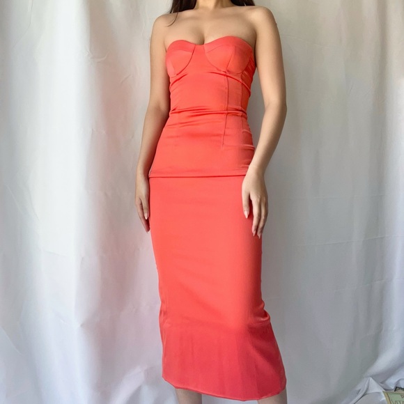 Meshki Strapless Midi Dress in Coral - Picture 3 of 5